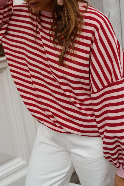 Red Stripe Cutout Open Back Long Sleeve Loose Top