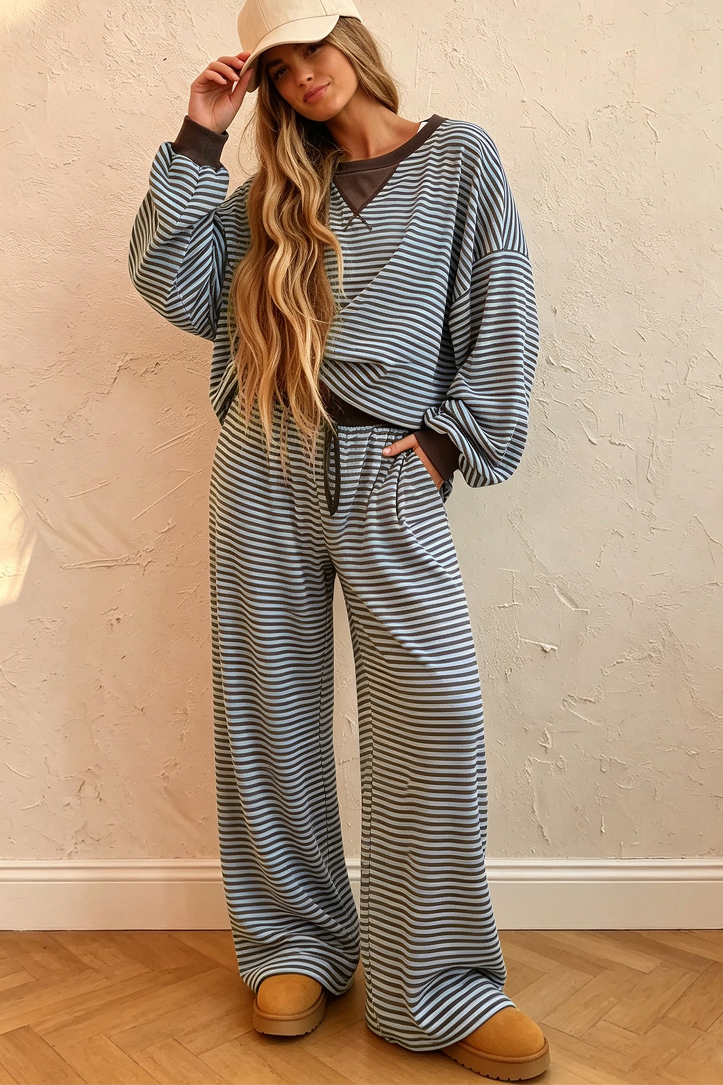 Brown Stripe Drop Shoulder Loose Top and Pants Two Piece Set