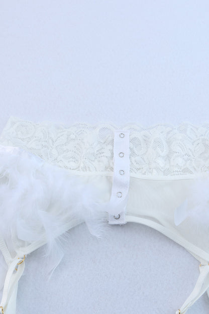 3 piezas set de lencería de malla de encaje con liguero de plumas 