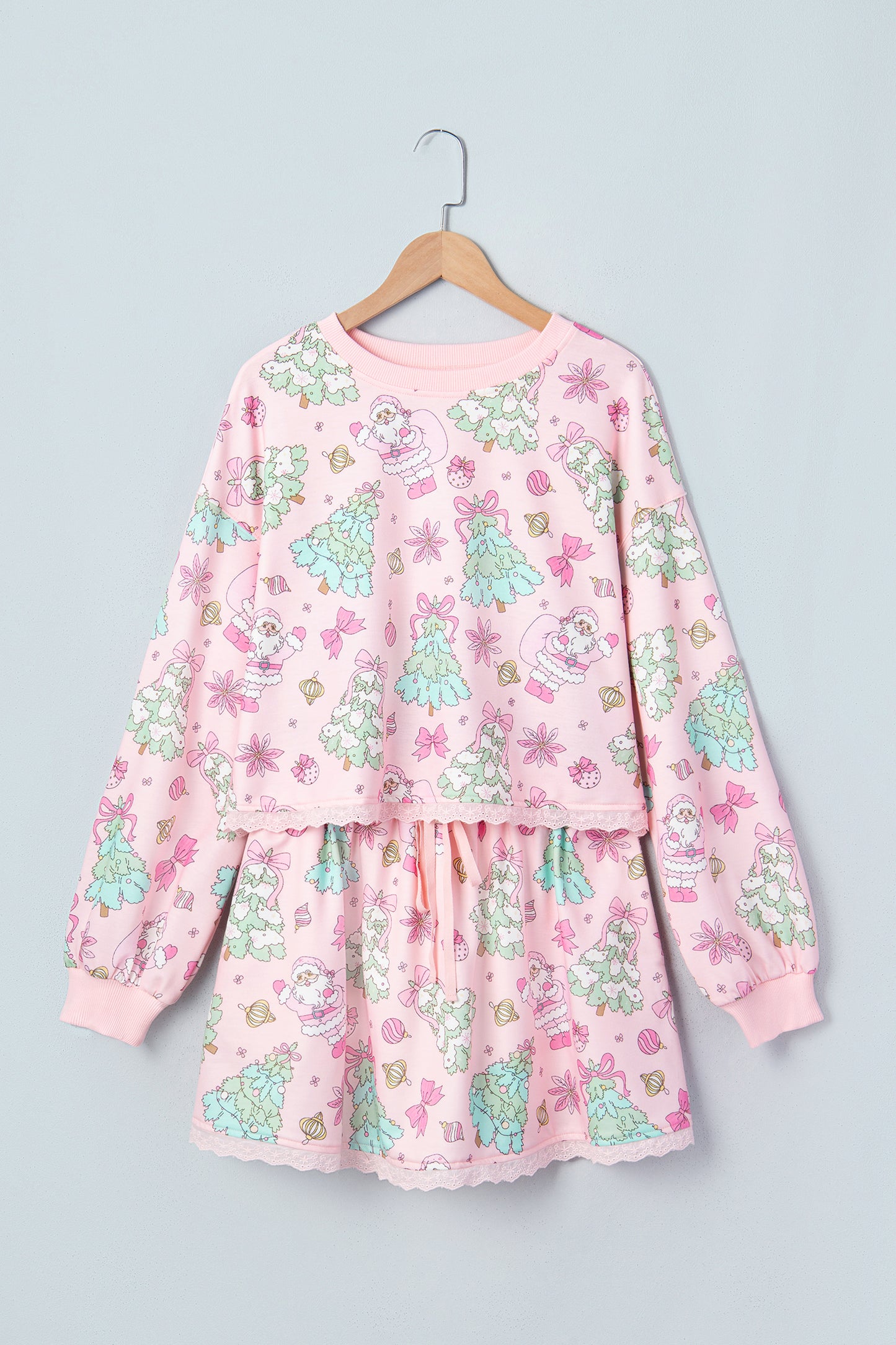 Pink Floral Print Lace Trim Long Sleeve Skirt Set