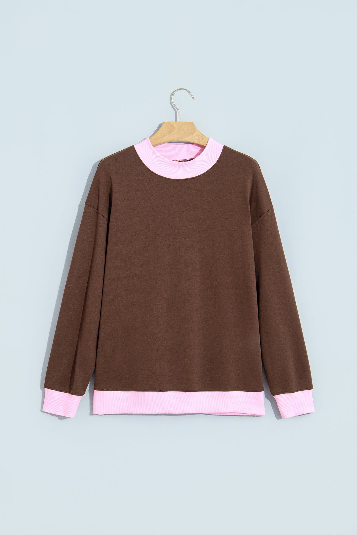 Coffee Colorblock Trim Crewneck Long Sleeve Pullover Sweatshirt