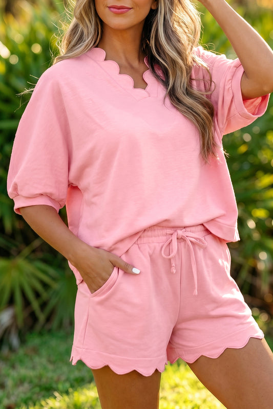 Gossamer Pink Scalloped V Neck Dolman Oversize Top Drawstring Short Set
