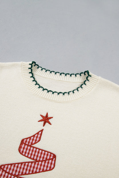 Beige Stitched Detail Christmas Tree Holiday Casual Sweater