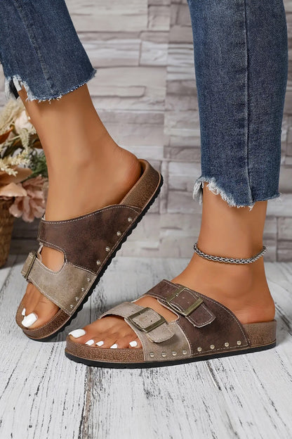 Coffee Two-tone Retro Buckle Straps Hollowed Faux Suede Slippers