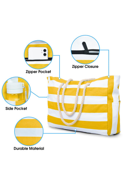 Yellow Striped Waterproof Canvas Large Capacity Tote Bag