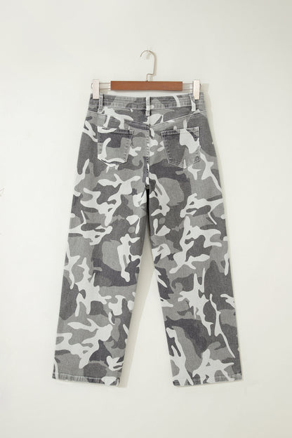 Green Camo Pattern Cotton Denim Shift Jeans