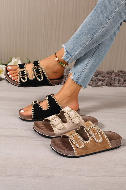 Black Embroidered Trim Retro Buckle Faux Suede Slippers