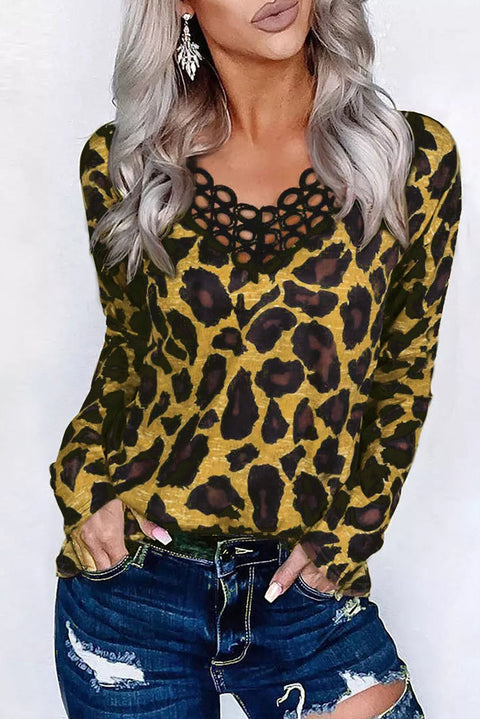 Lace Splicing Hollow Out Leopard Blouse