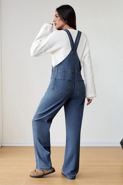 Dark Blue Retro Bib Pocket Buckle Straps Casual Denim Jumpsuit