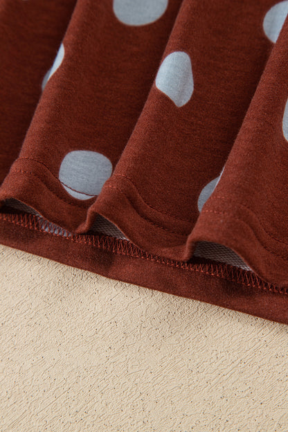 Brown Polka Dot Print Side Stripe Detail Long Sleeve Top Casual Pant Set