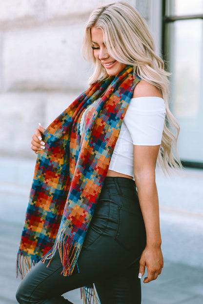 Bufanda con dobladillo con flecos y estampado de cuadros multicolor 