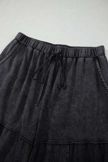 Black Plus Size Mineral Wash Exposed Seam Patchwork Drawstring Loose Pants