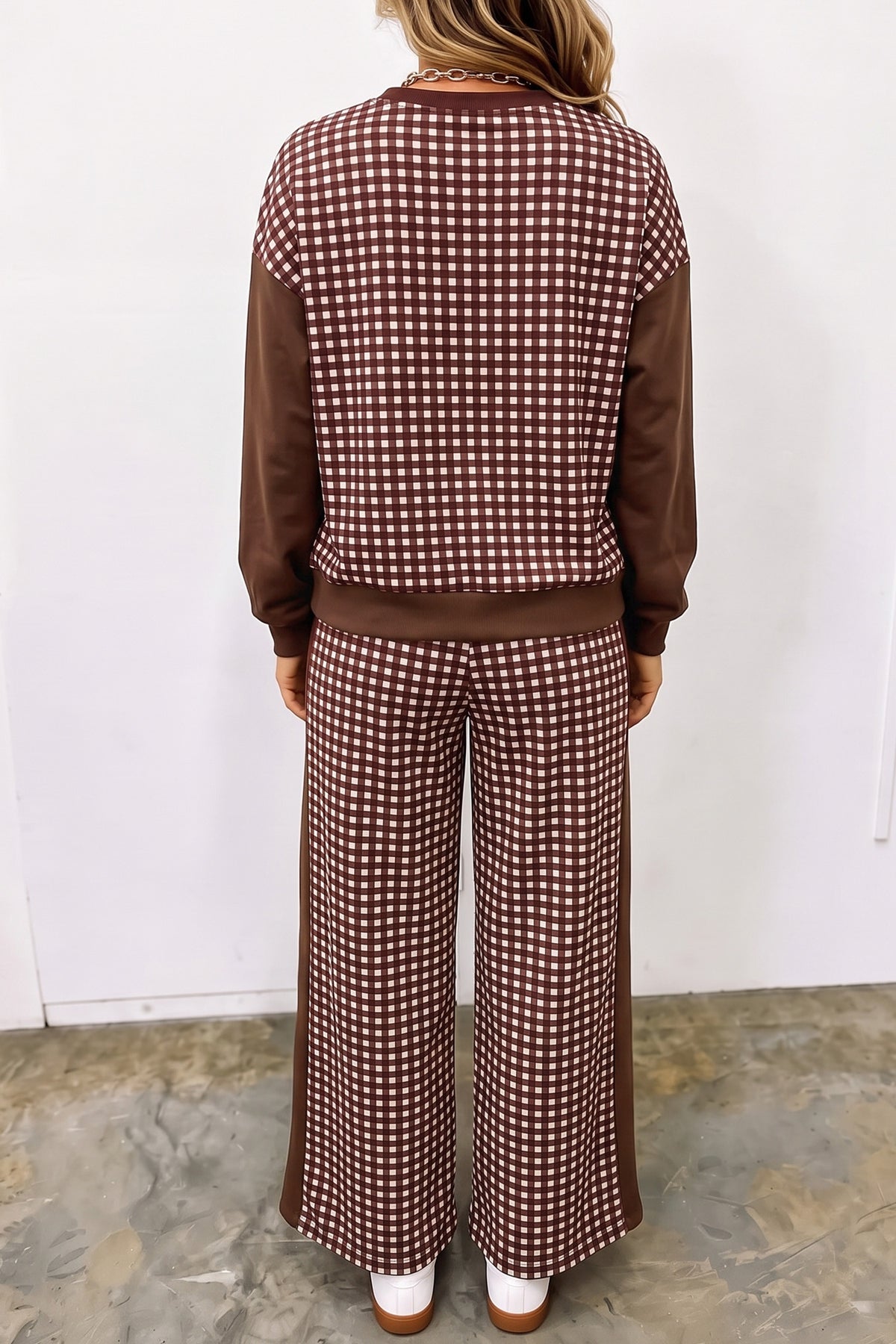 Brown Color Block Plaid Patchwork Long Sleeve Pullover Wide Leg Pant Set