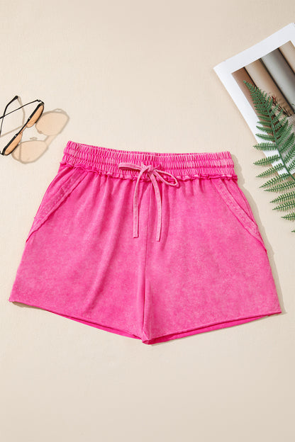 Rose Red 100% Cotton Mineral Washed Drawstring Elastic Waist Raw Cut Shorts