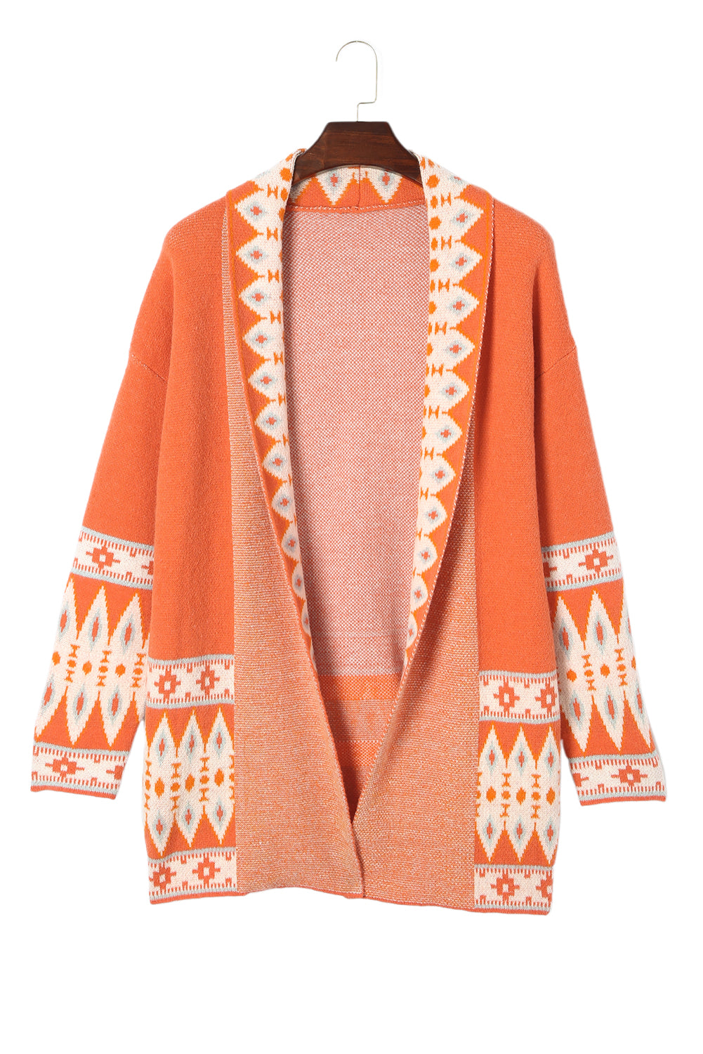 Cardigan ouvert en maille orange à imprimé aztèque