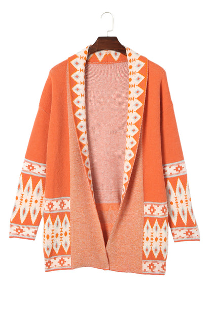 Cardigan ouvert en maille orange à imprimé aztèque