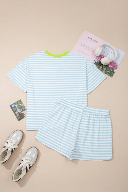 Pink Stripe Contrast Neck Loose Tee and Drawstring Shorts Set