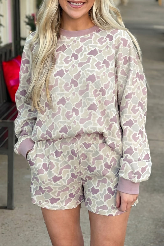 Green Camouflage Waffle Knit Long Sleeve Top Casual Shorts Set