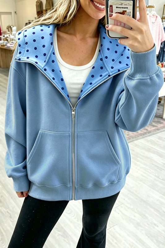 Beau Blue Polka Dot Hooded Zip-Up Sweatshirt