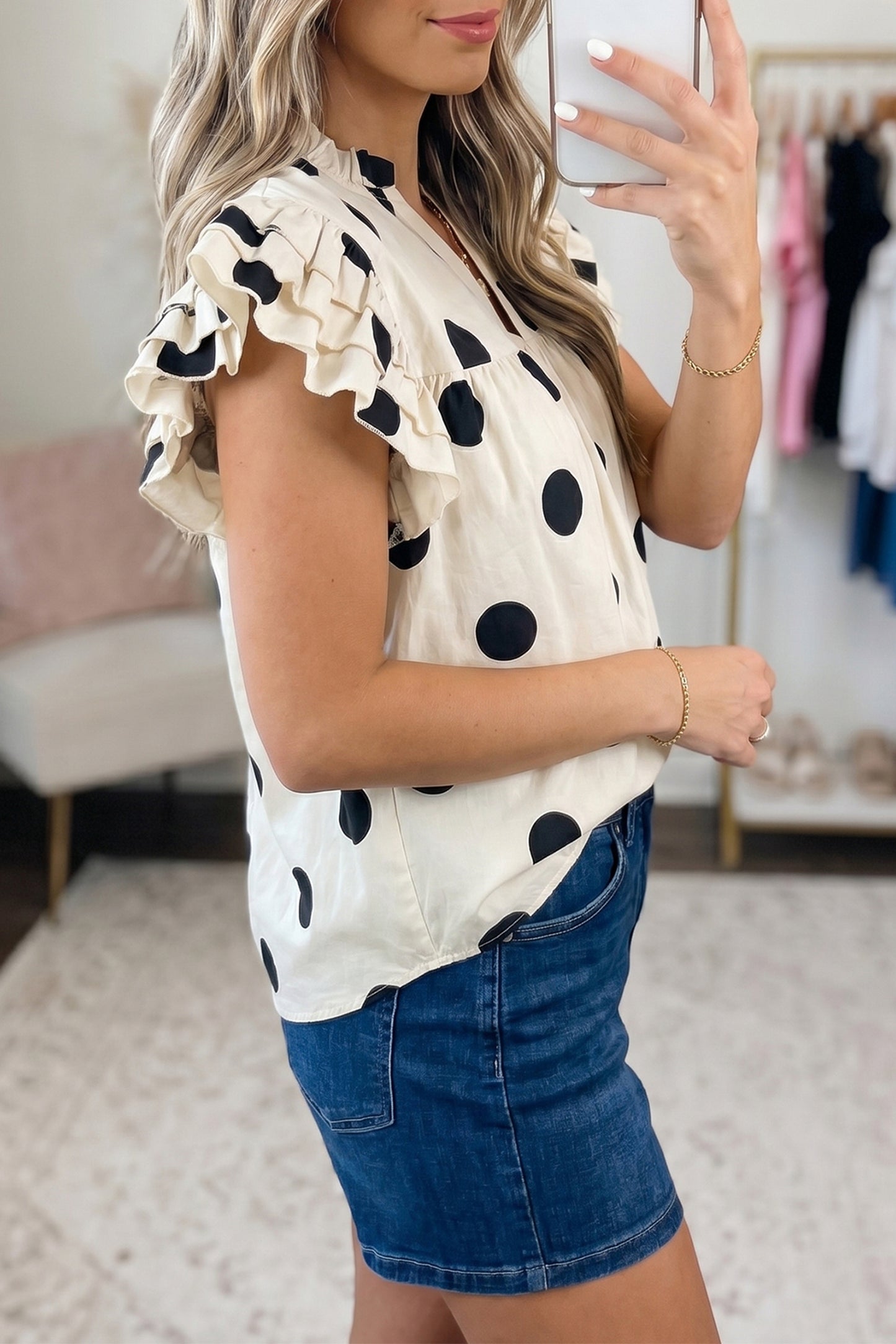 Apricot Casual Polka Dot V-Neck Ruffle Short Sleeve Shift Blouse