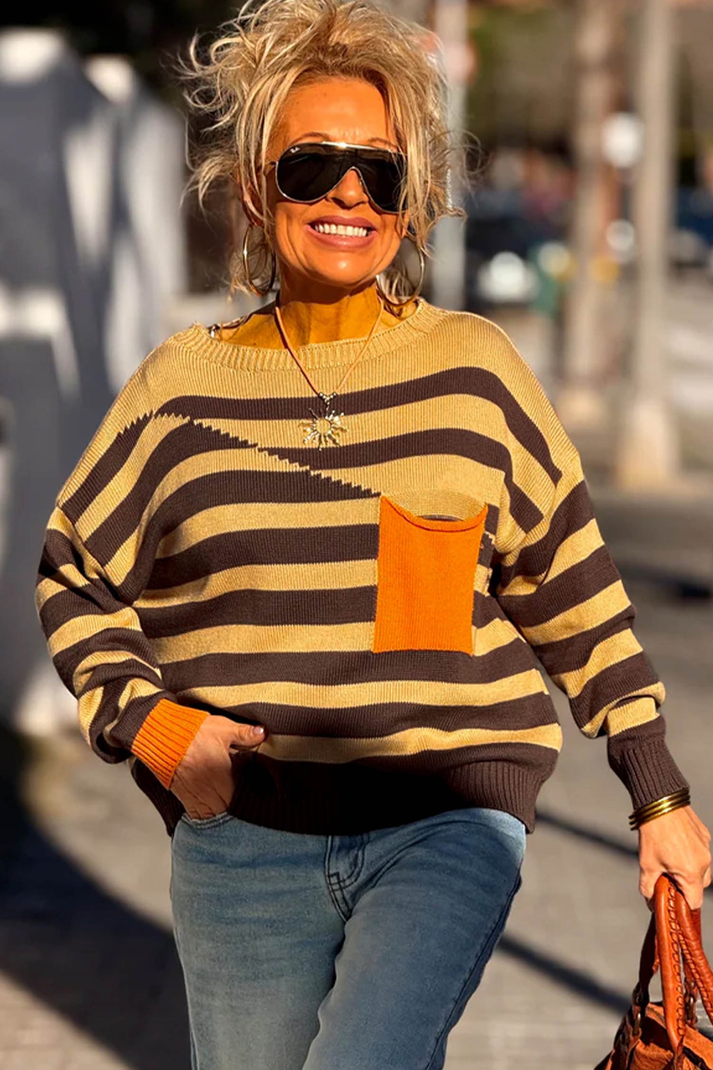 Brown Stripe Striped Drop Shoulder Colorblock Pullover Sweater