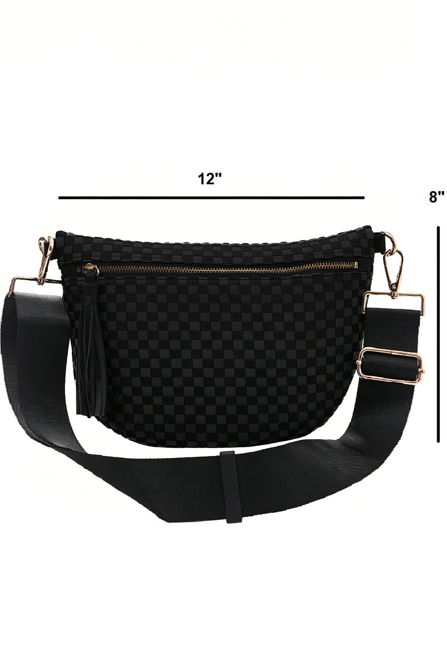 Color black Checkered Woven PU Leather Crossbody Bag Adjustable Strap Large Size