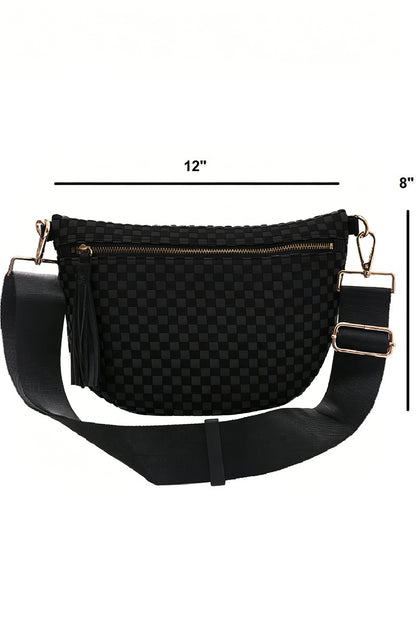 Color black Checkered Woven PU Leather Crossbody Bag Adjustable Strap Large Size