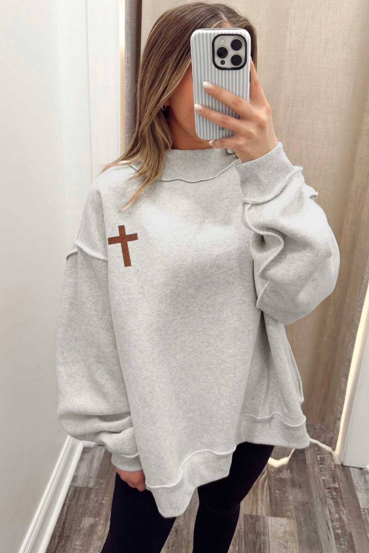Light Grey Reversible Christian Faith Print Mock Neck Pullover Sweatshirt