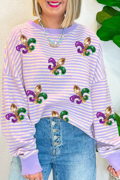 Haut à manches longues à rayures violettes et sequins, motif patché fleur de lys