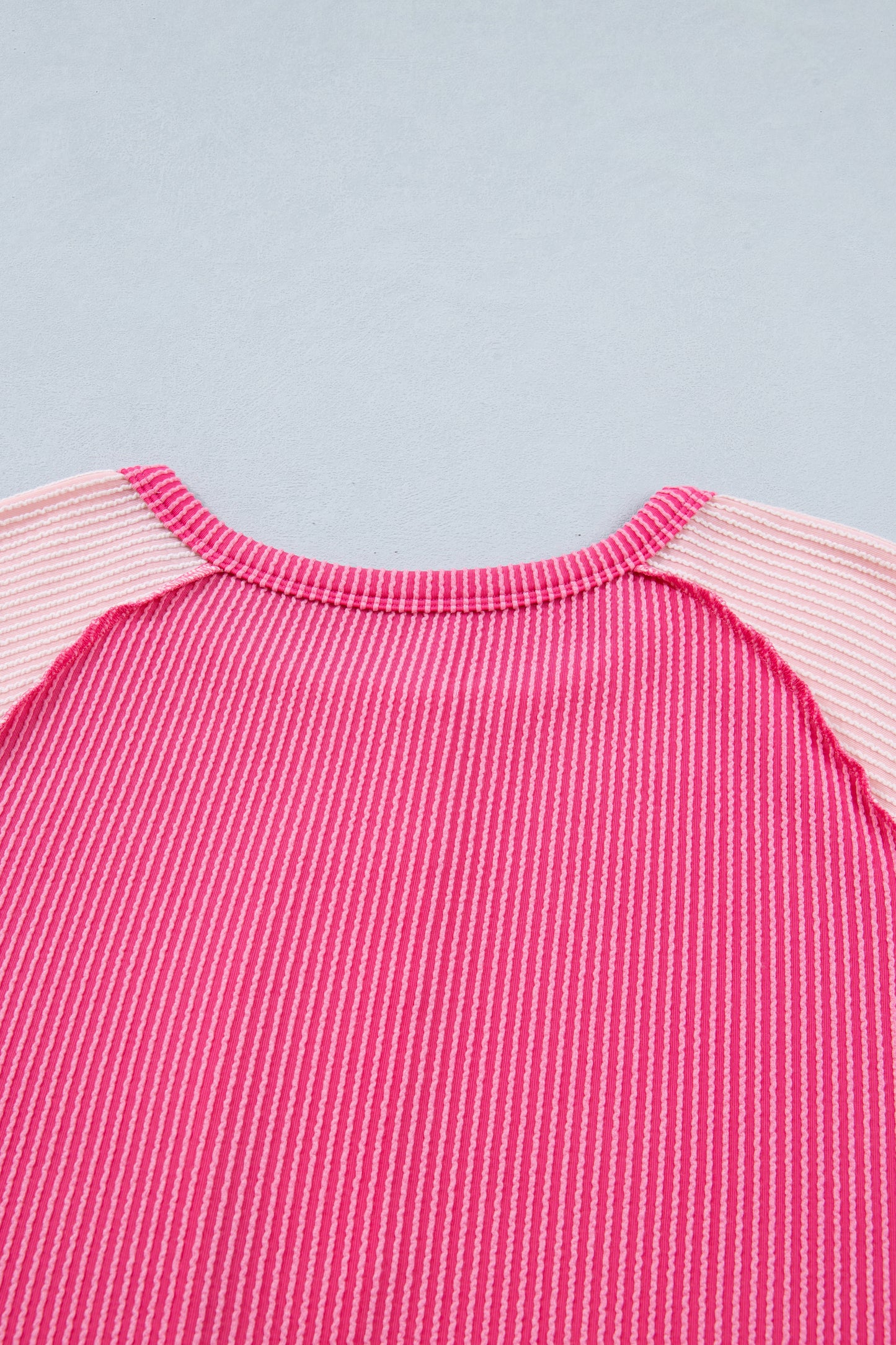 Bright Pink Plus Size Twisted Rib Color Block Patchwork Short Sleeve Henley Top