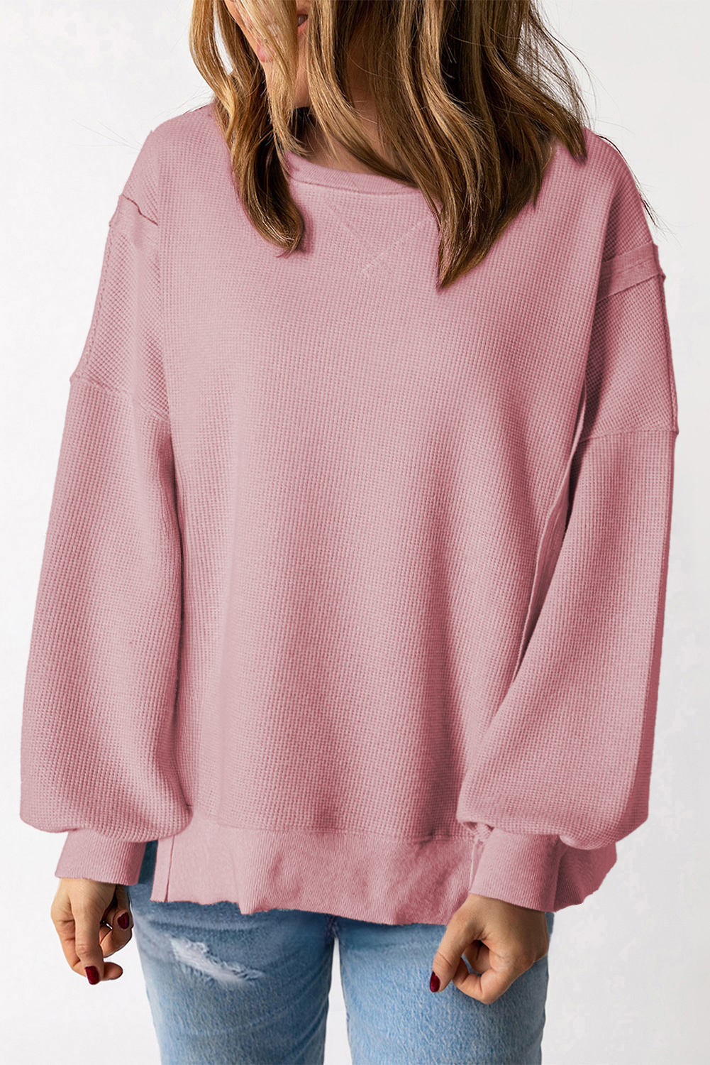 Sweat-shirt surdimensionné fendu à manches évasées en tricot gaufré rose