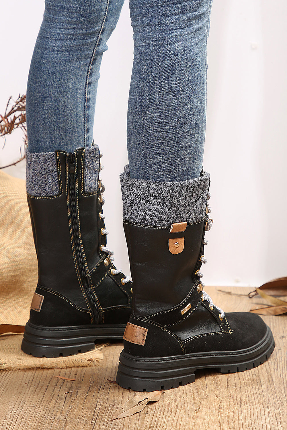 Coffee Wool Knit Patchwork Lace Up Leather Boots