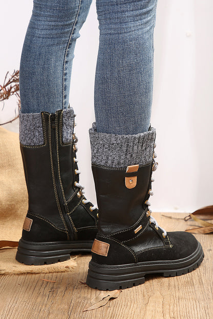 Coffee Wool Knit Patchwork Lace Up Leather Boots