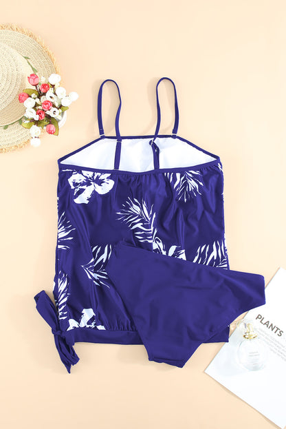 Blue Floral Pattern Strapless Tankini Set