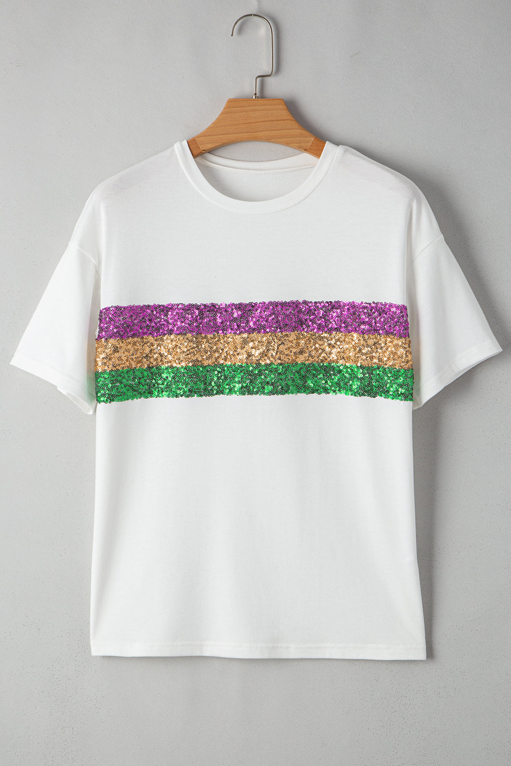 T-shirt ras du cou à rayures et sequins blancs style patchwork Mardi Gras