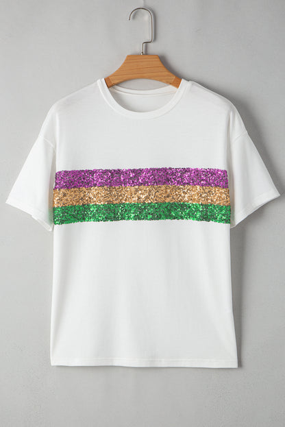 T-shirt ras du cou à rayures et sequins blancs style patchwork Mardi Gras