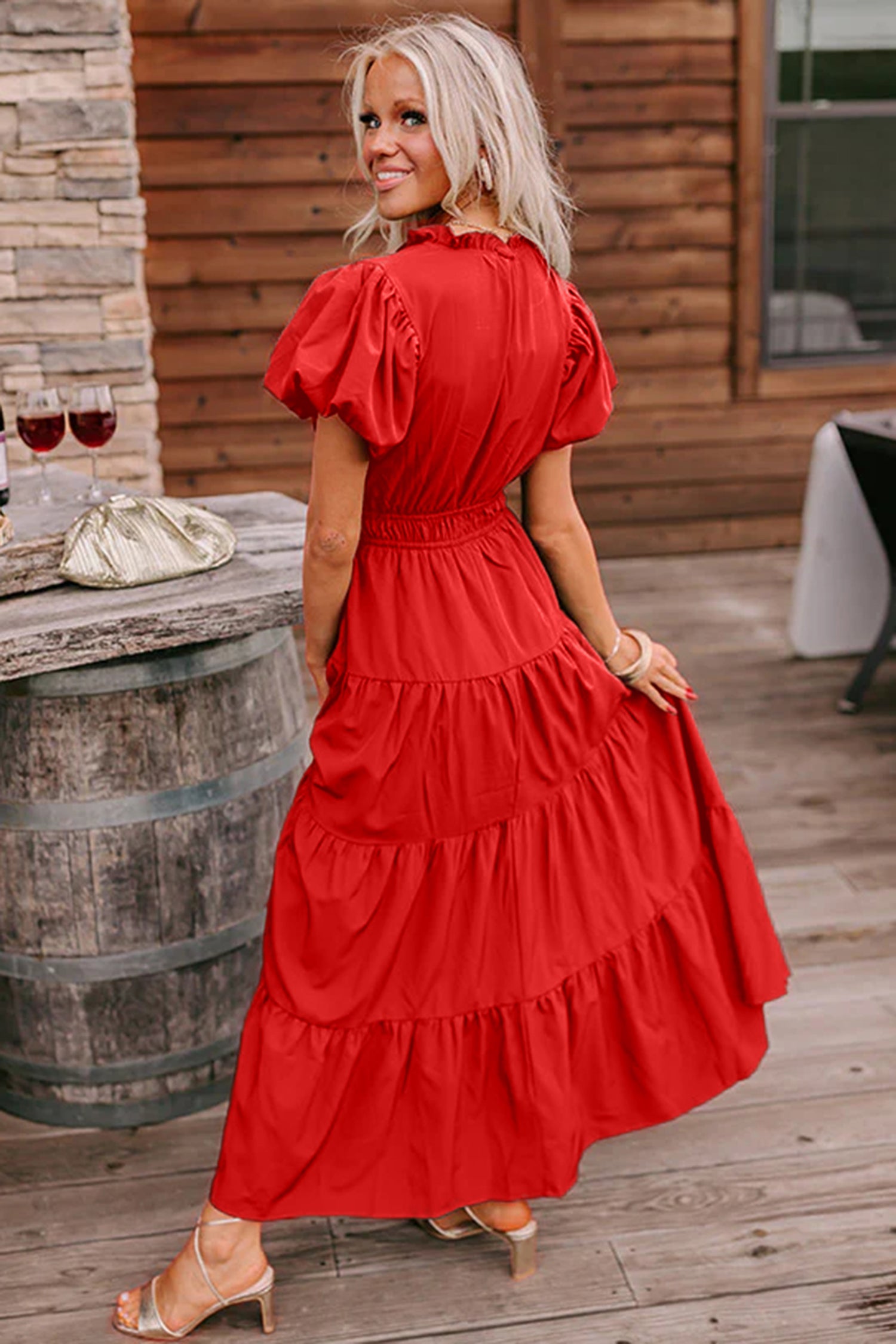 coral color maxi dress Carina Chiffon / S Crafted with a daring front cut Indie Flair Maxi Dress -