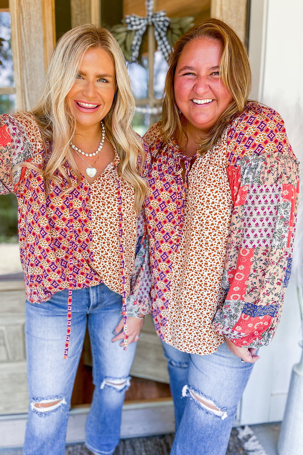 Chemisier orange à manches longues et col en V noué à imprimé floral mixte