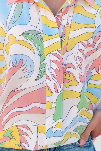 Camisa holgada con cuello vuelto y estampado abstracto multicolor 