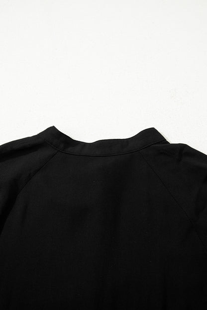 Black Hidden Buttons Short Sleeve Ruffle Tiered Long Flared Dress