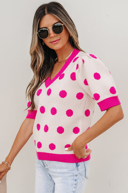 Light Blue Polka Dot Puff Short Sleeve Sweater Top