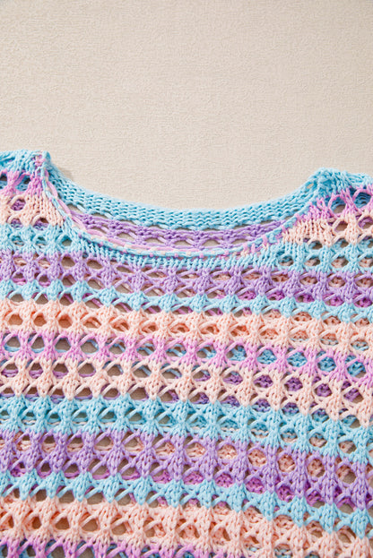 Pull de plage en maille ajourée à rayures multiples violet