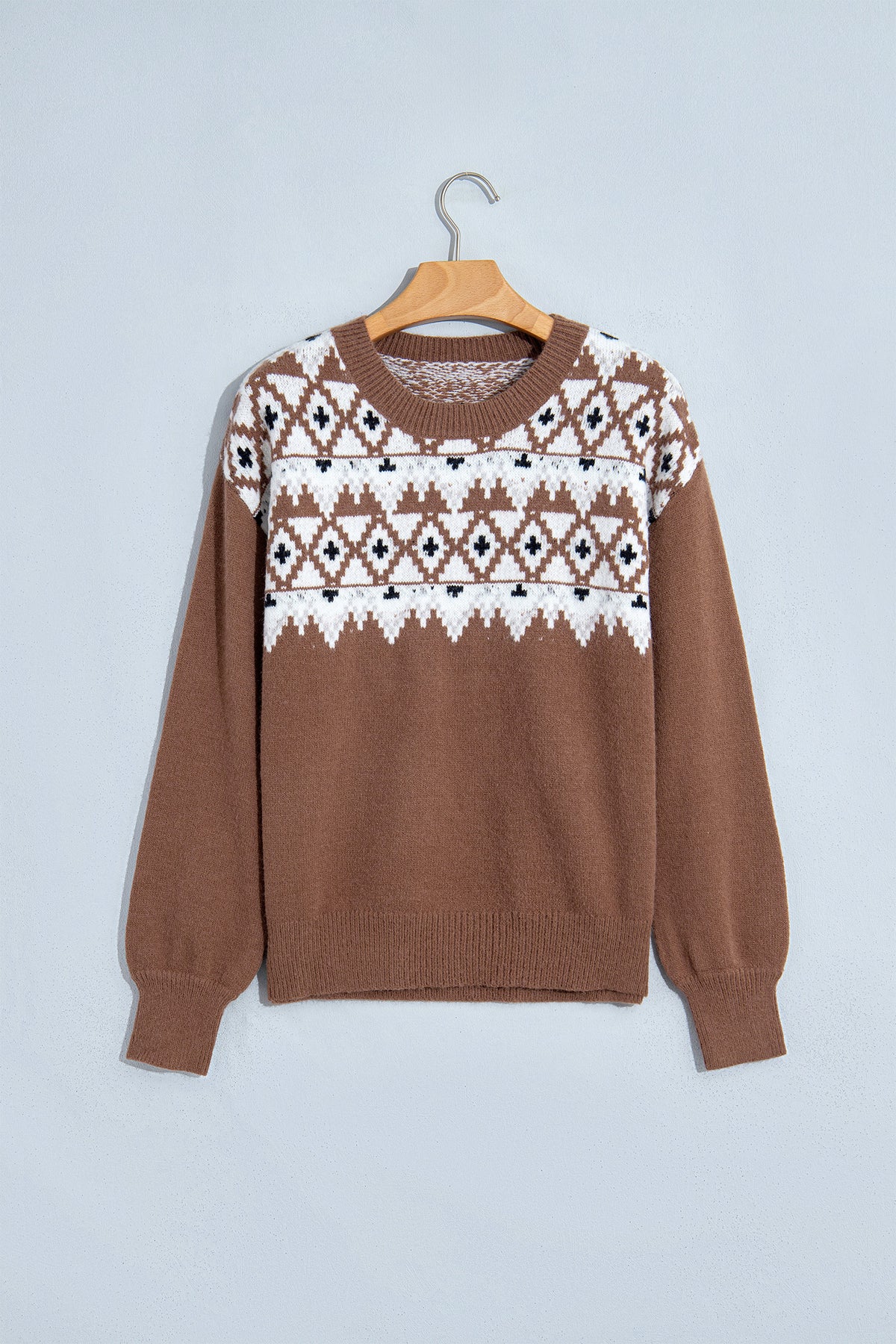 Khaki Geometric Print Drop Shoulder Casual Pullover Sweater