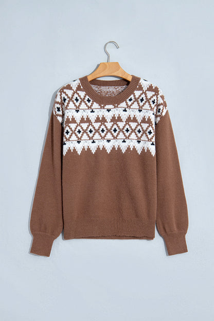 Khaki Geometric Print Drop Shoulder Casual Pullover Sweater
