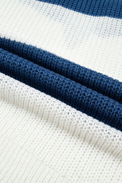 Blue Stripe Striped Colorblock Knit V Neck Short Sleeve Loose Sweater