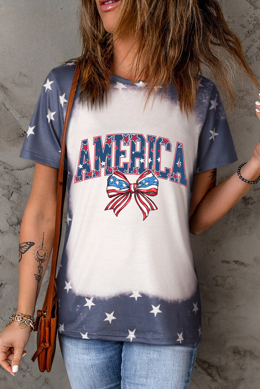 Blue Starry Bleached AMERICA Bowknot Graphic T Shirt