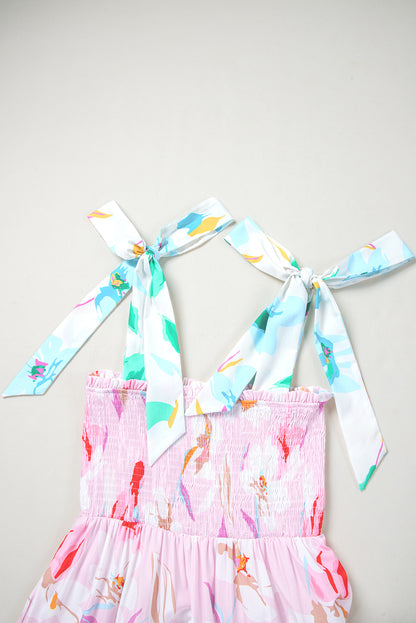 Robe longue smockée à imprimé floral rose et épaules nouées