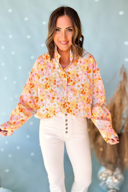 Camisa holgada con cuello vuelto y estampado floral amarillo