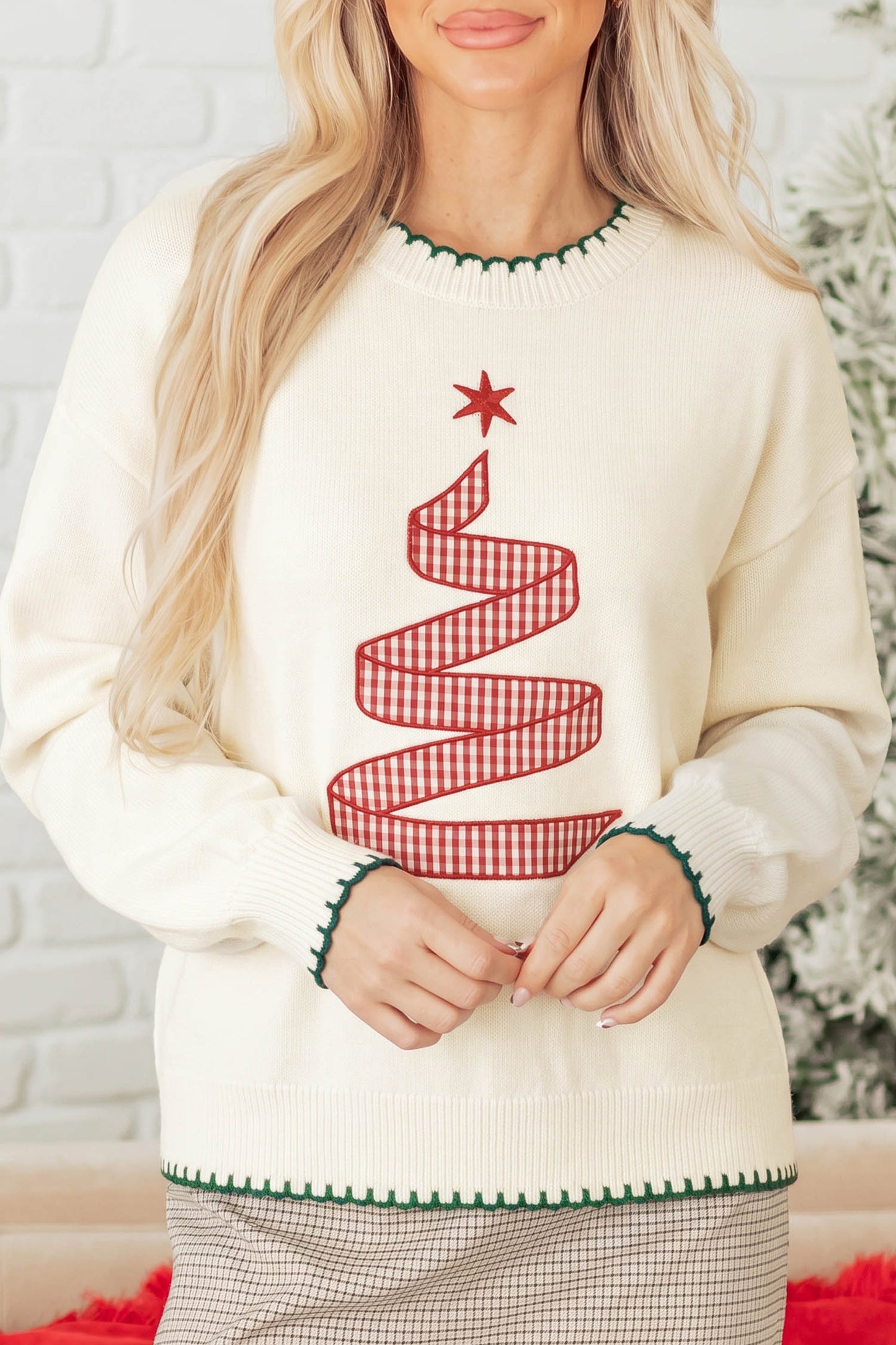Beige Stitched Detail Christmas Tree Holiday Casual Sweater