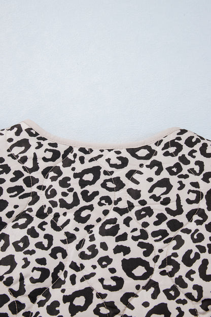 Khaki Leopard Print Patch Pockets Binding Tape Long Sleeve Regular Fit Jacket